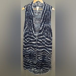 Chico's 1 Blue Metallic Artsy Abstract Open Knit Sleeveless Duster